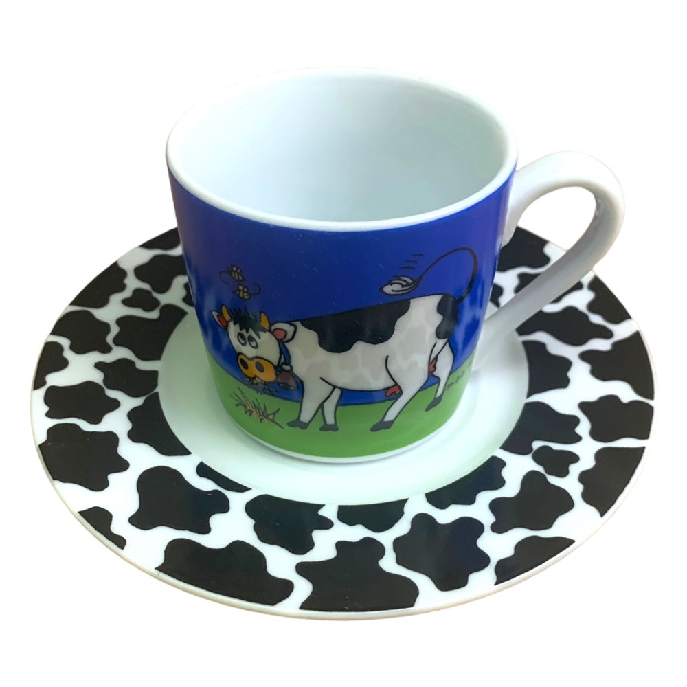 NWT Stokes Farm Animal Spotted Cow Expresso Ceramic Coffee Cup & Saucer Set